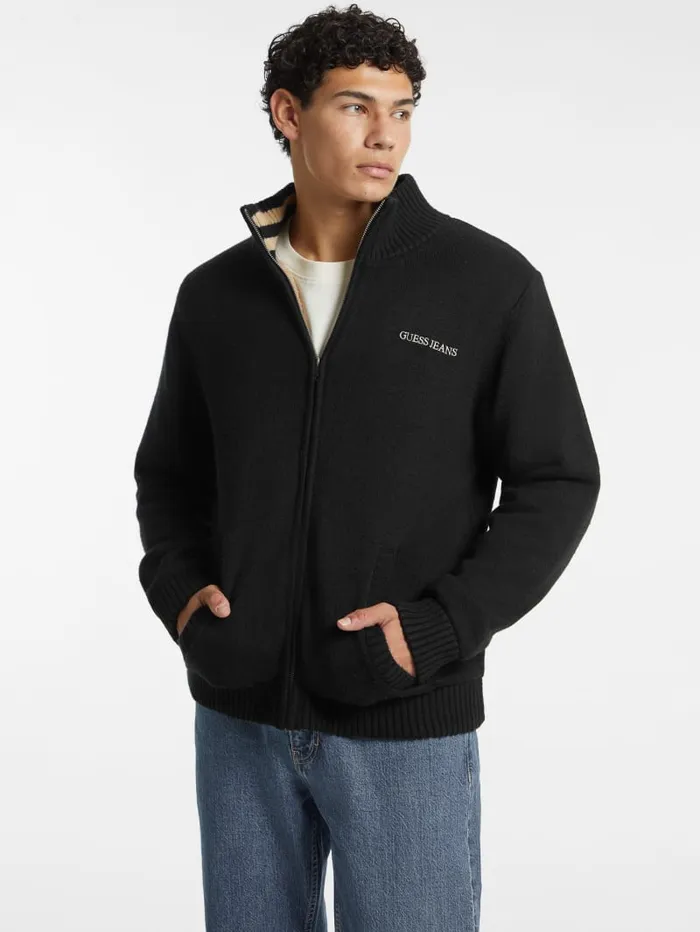 GUESS Hoodies and Sweaters WoolBlend Logo ZipUp Sweater Black 8211 Men