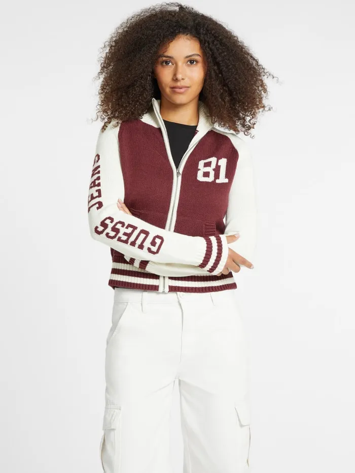 GUESS Hoodies and Sweaters WoolBlend Varsity Logo Zip Sweater Blue 8211 Women