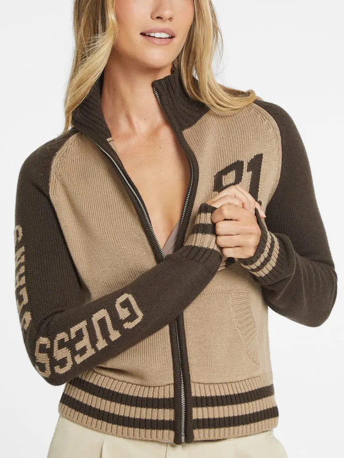 GUESS Hoodies and Sweaters WoolBlend Varsity Logo Zip Sweater Blue 8211 Women