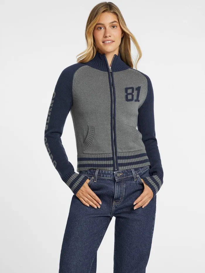 GUESS Hoodies and Sweaters WoolBlend Varsity Logo Zip Sweater Blue 8211 Women