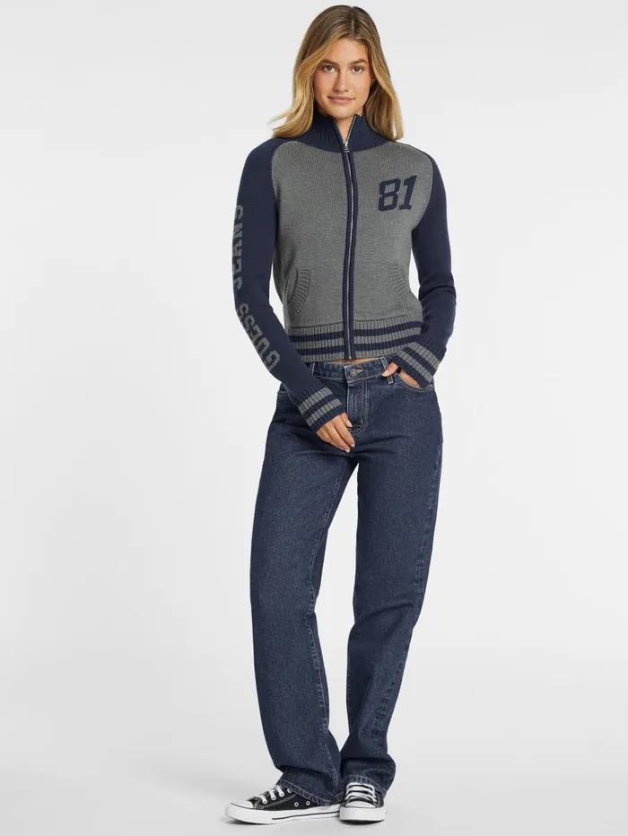 GUESS Hoodies and Sweaters WoolBlend Varsity Logo Zip Sweater Blue 8211 Women