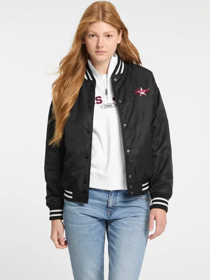 GUESS Jackets and Coats Eco Embroidered Varsity Jacket Black 8211 Women