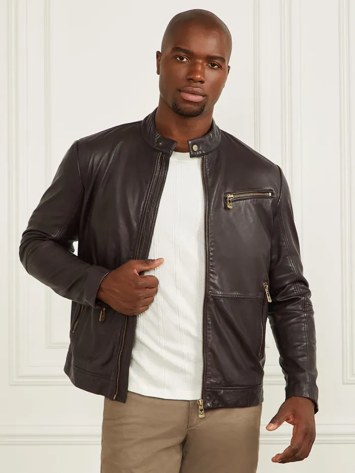 GUESS Jackets and Coats Genuine Leather Biker Jacket Brown 8211 Men