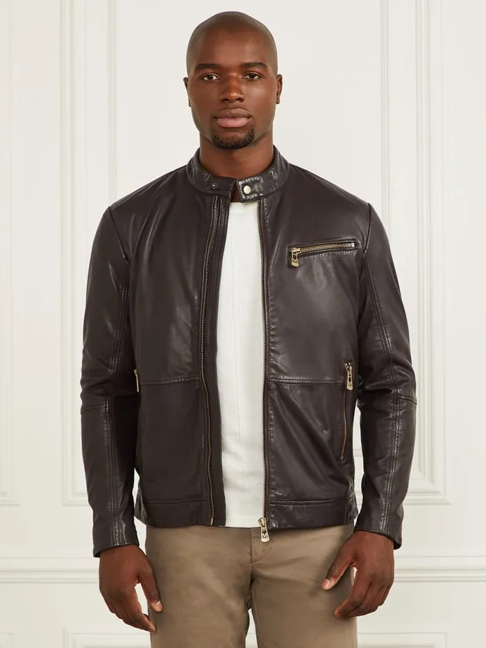 GUESS Jackets and Coats Genuine Leather Biker Jacket Brown 8211 Men