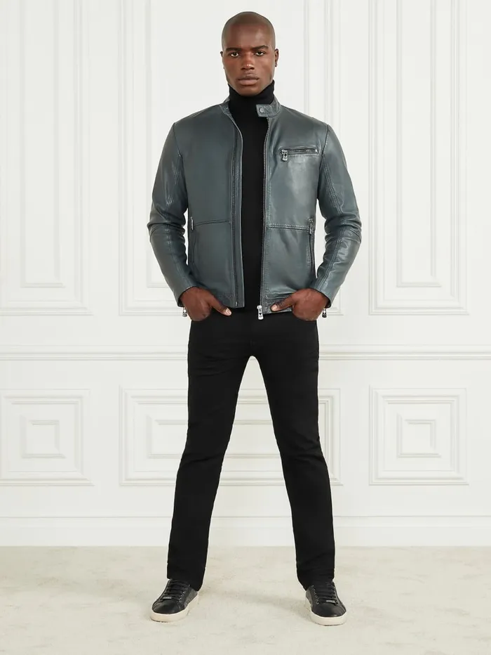 GUESS Jackets and Coats Genuine Leather Biker Jacket Brown 8211 Men