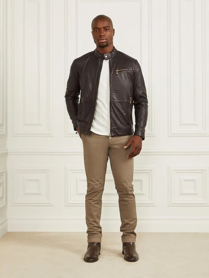 GUESS Jackets and Coats Genuine Leather Biker Jacket Brown 8211 Men