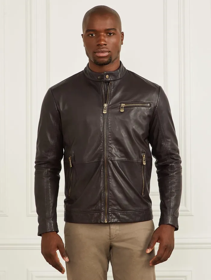 GUESS Jackets and Coats Genuine Leather Biker Jacket Brown 8211 Men