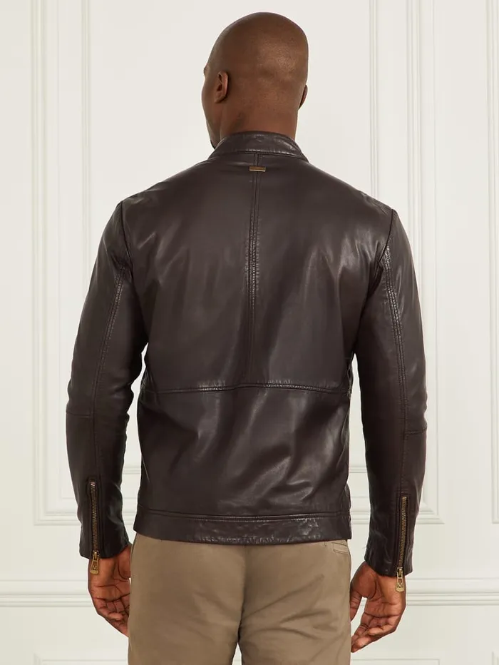 GUESS Jackets and Coats Genuine Leather Biker Jacket Brown 8211 Men