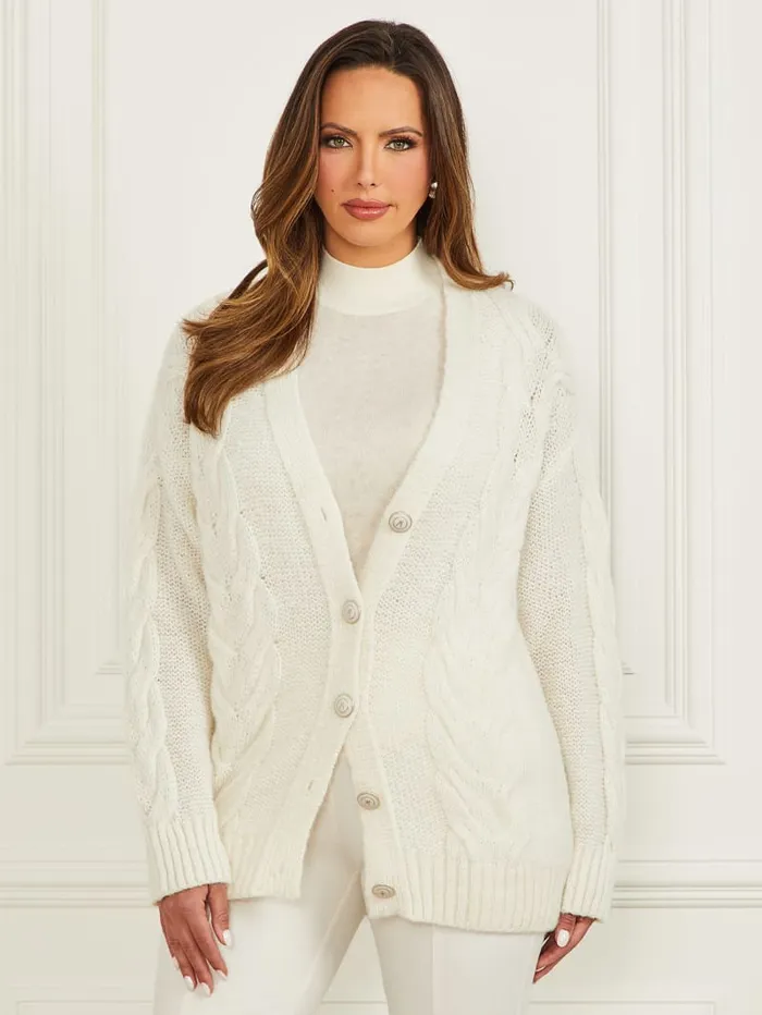 GUESS Jackets and Coats Ginny CableKnit Sweater Cardigan White 8211 Women