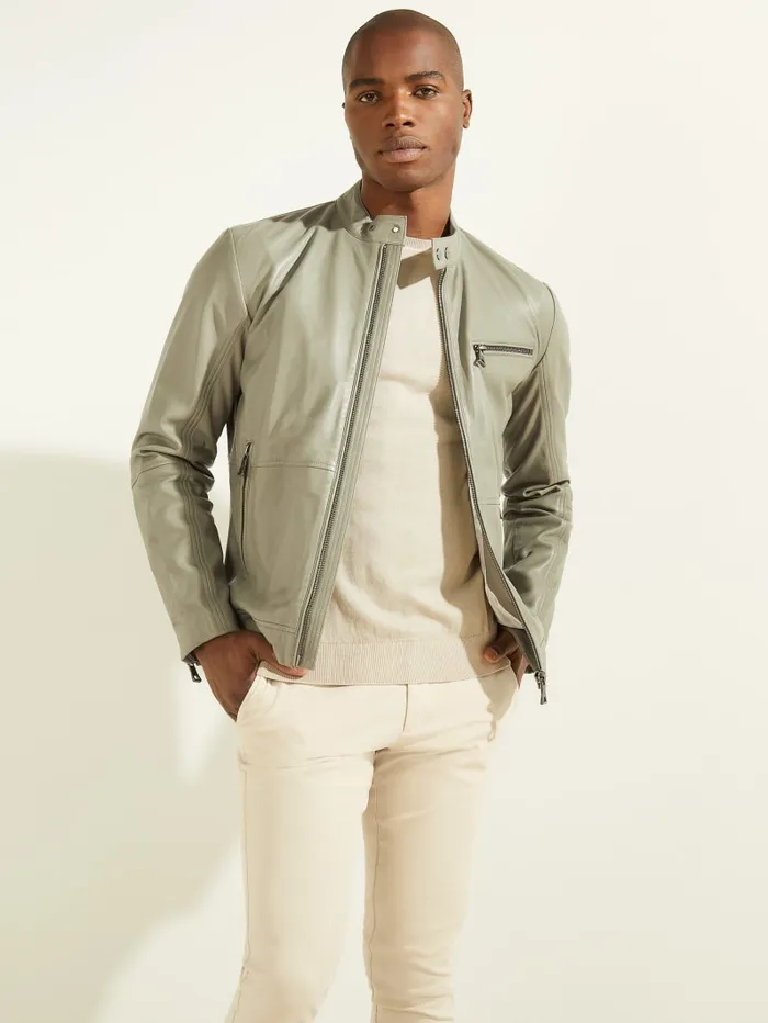 GUESS Jackets and Coats Leather Biker Jacket Green 8211 Men