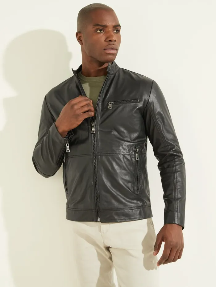 GUESS Jackets and Coats Leather Biker Jacket Green 8211 Men