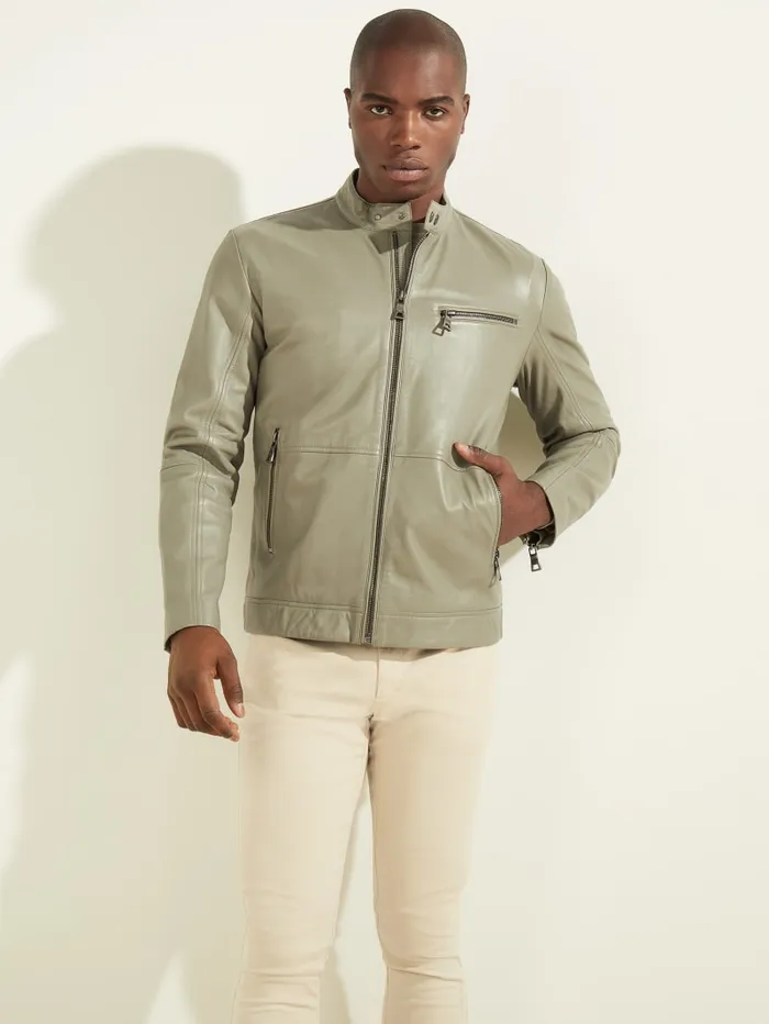 GUESS Jackets and Coats Leather Biker Jacket Green 8211 Men