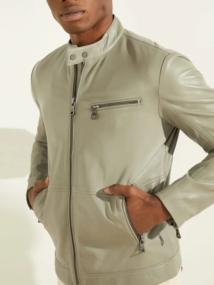 GUESS Jackets and Coats Leather Biker Jacket Green 8211 Men