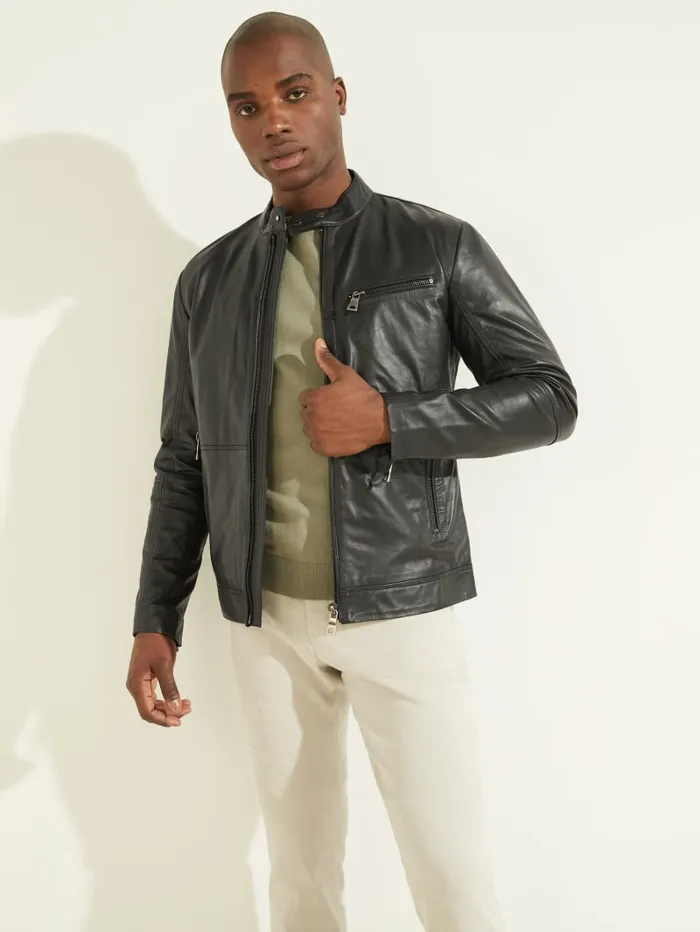GUESS Jackets and Coats Leather Biker Jacket Green 8211 Men