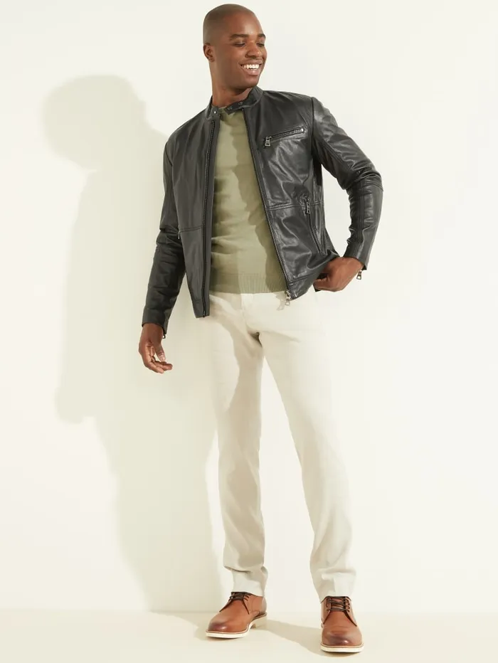GUESS Jackets and Coats Leather Biker Jacket Green 8211 Men