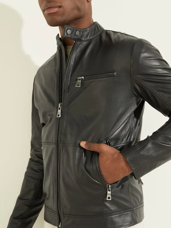 GUESS Jackets and Coats Leather Biker Jacket Green 8211 Men