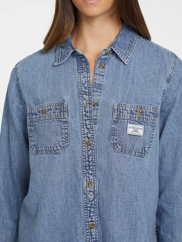 GUESS Jeans and Denim Classic LongSleeve Denim Shirt Blue 8211 Women