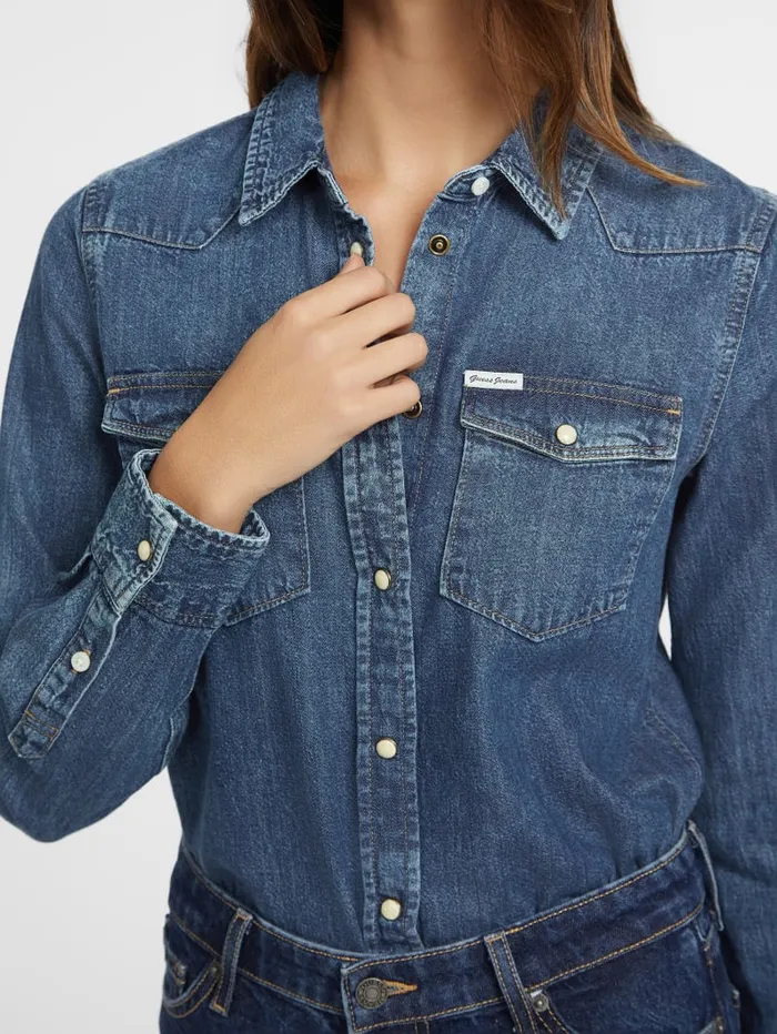 GUESS Jeans and Denim Slim LongSleeve Denim Shirt Blue 8211 Women