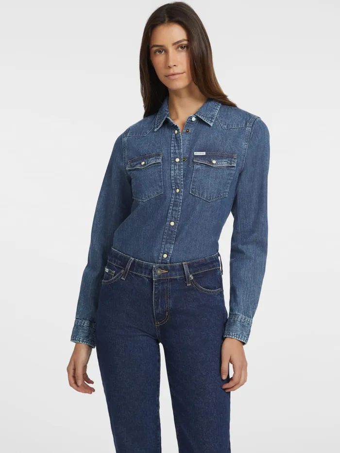 GUESS Jeans and Denim Slim LongSleeve Denim Shirt Blue 8211 Women