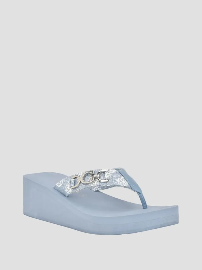 GUESS Sale Edany Denim G Buckle Wedge Sandals Blue 8211 Women