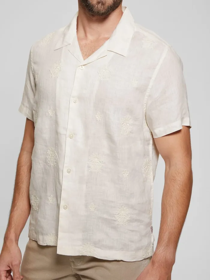 GUESS Shirts Eco Embroidered Motif Linen Shirt White 8211 Men