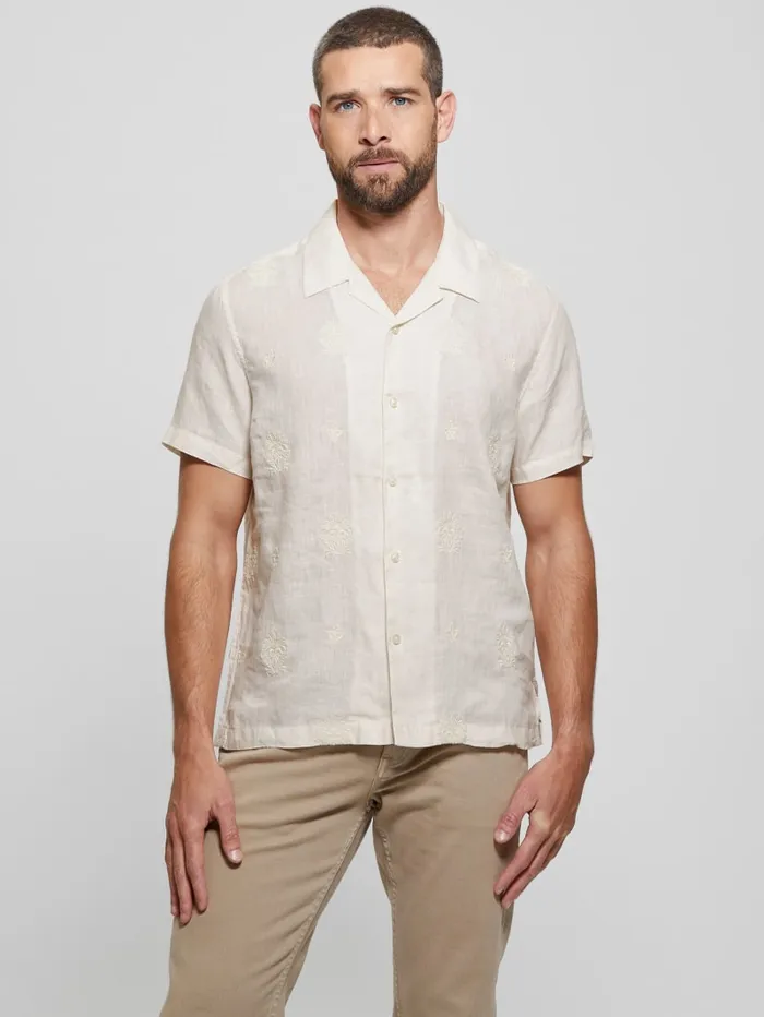 GUESS Shirts Eco Embroidered Motif Linen Shirt White 8211 Men