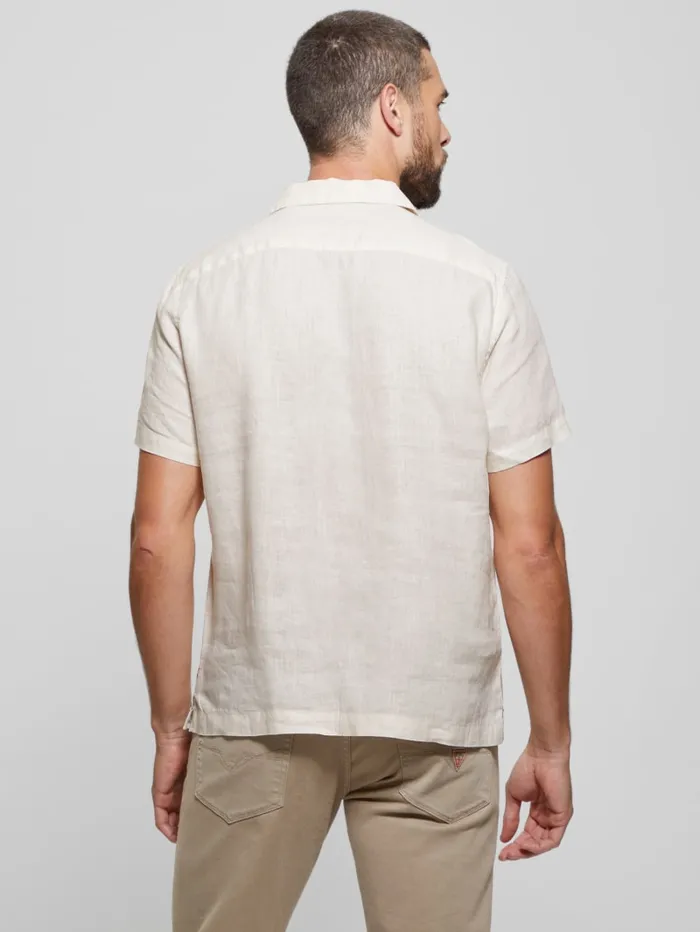 GUESS Shirts Eco Embroidered Motif Linen Shirt White 8211 Men