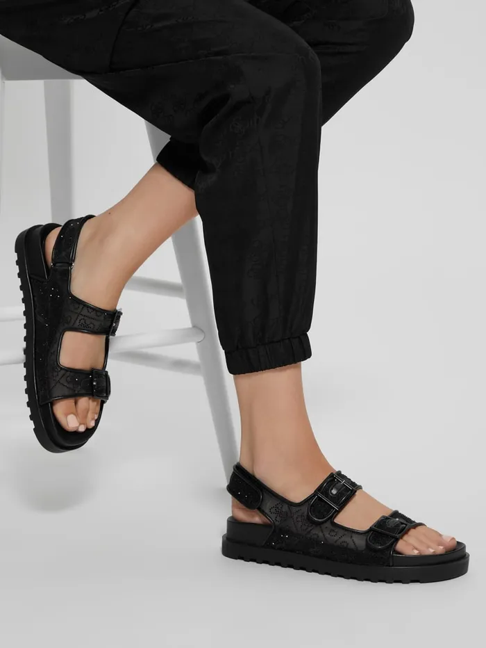 GUESS Shoes Frella Quattro G Rhinestone Sandals Black 8211 Women