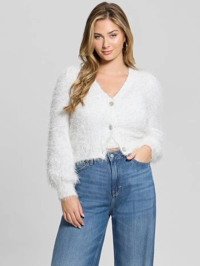 GUESS Sweaters and Knits Emiko Eyelash Crop Cardigan White 8211 Women