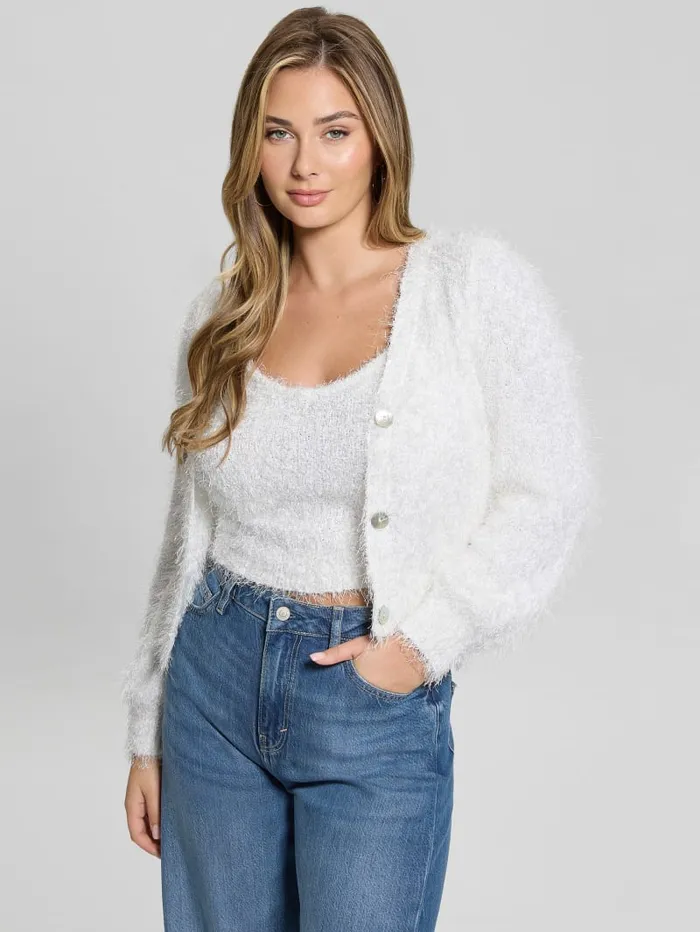 GUESS Sweaters and Knits Emiko Eyelash Crop Cardigan White 8211 Women
