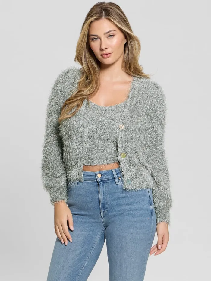 GUESS Sweaters and Knits Emiko Eyelash Crop Cardigan White 8211 Women