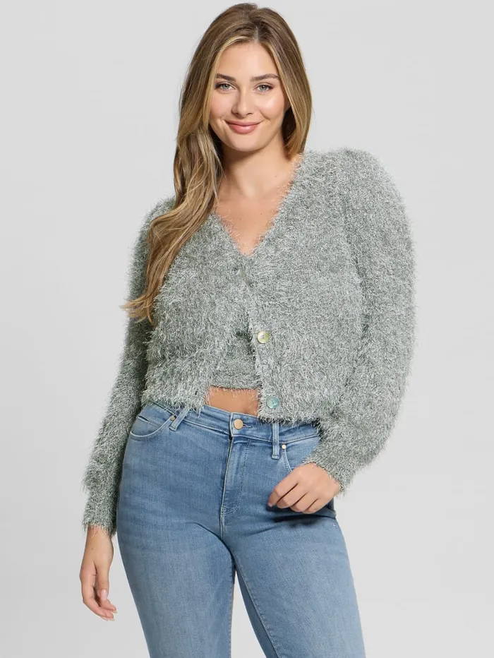 GUESS Sweaters and Knits Emiko Eyelash Crop Cardigan White 8211 Women