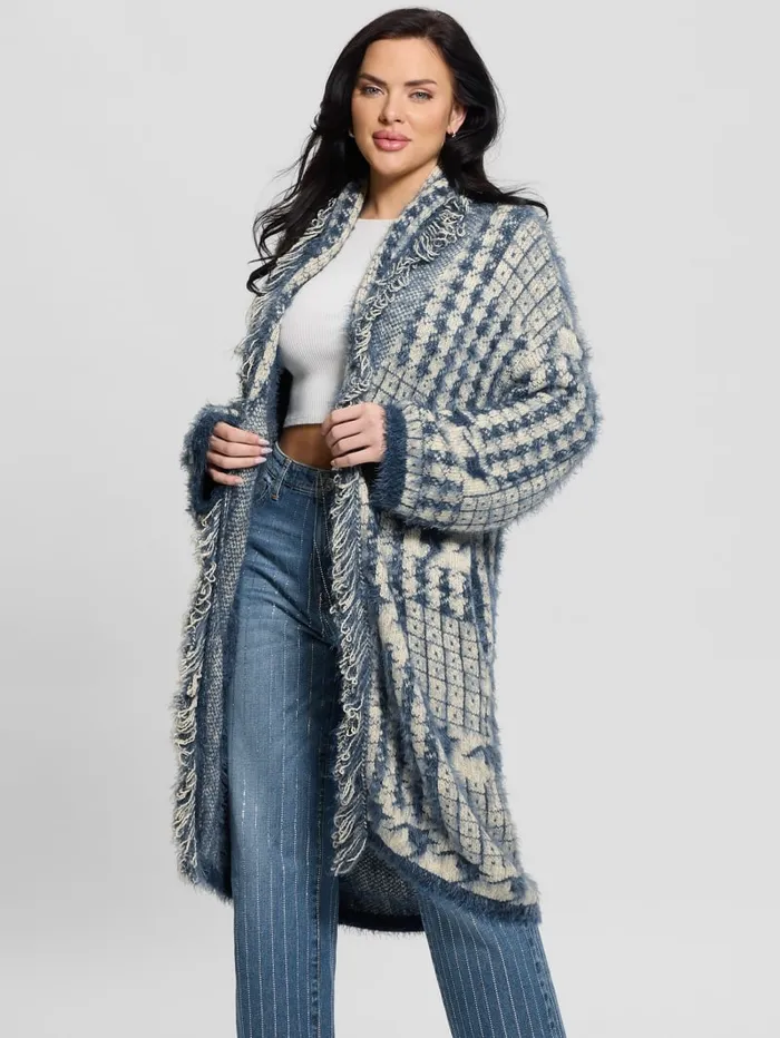 GUESS Sweaters and Knits Lee Fringed and Patchwork Long Cardigan Blue 8211 Women
