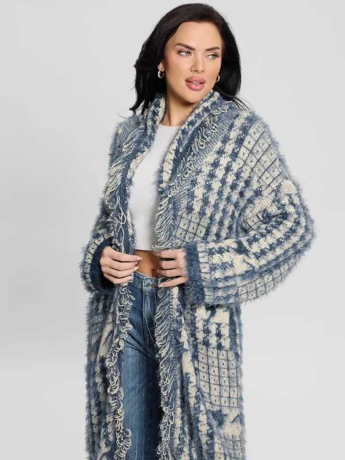 GUESS Sweaters and Knits Lee Fringed and Patchwork Long Cardigan Blue 8211 Women
