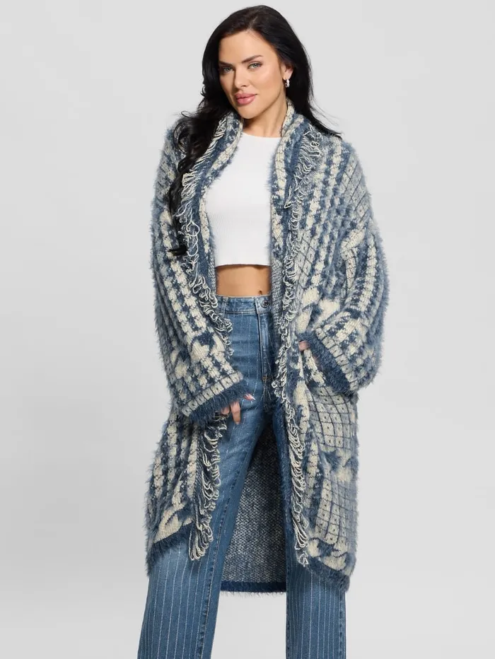 GUESS Sweaters and Knits Lee Fringed and Patchwork Long Cardigan Blue 8211 Women