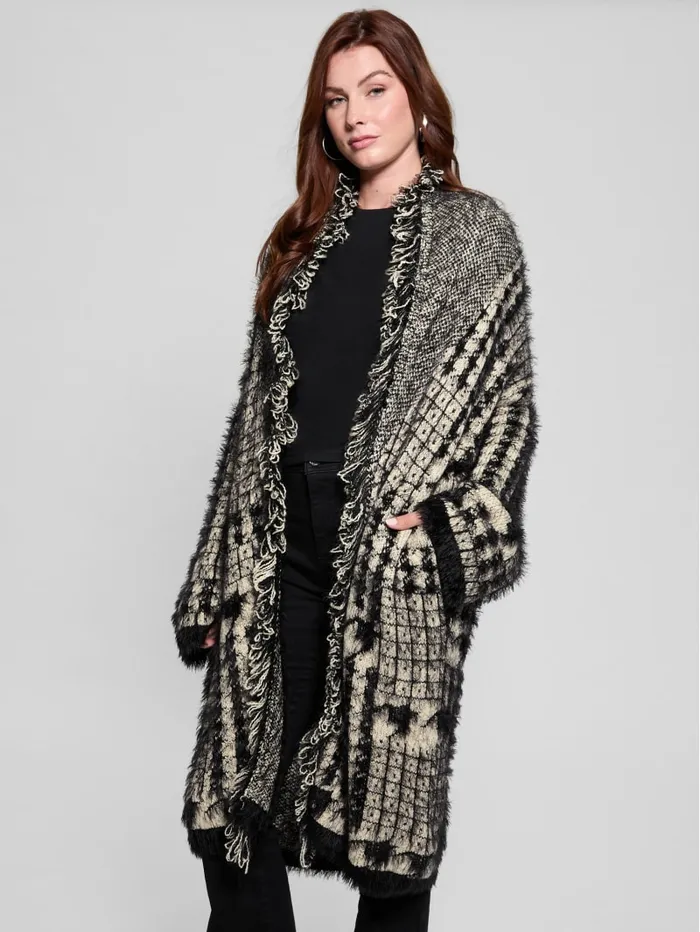 GUESS Sweaters and Knits Lee Fringed and Patchwork Long Cardigan Blue 8211 Women