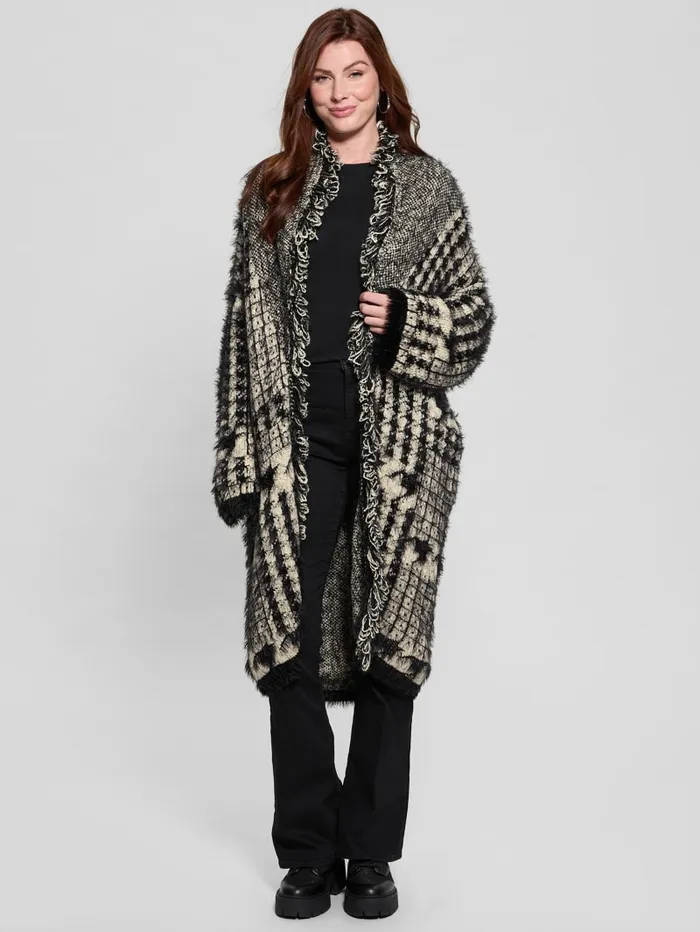 GUESS Sweaters and Knits Lee Fringed and Patchwork Long Cardigan Blue 8211 Women