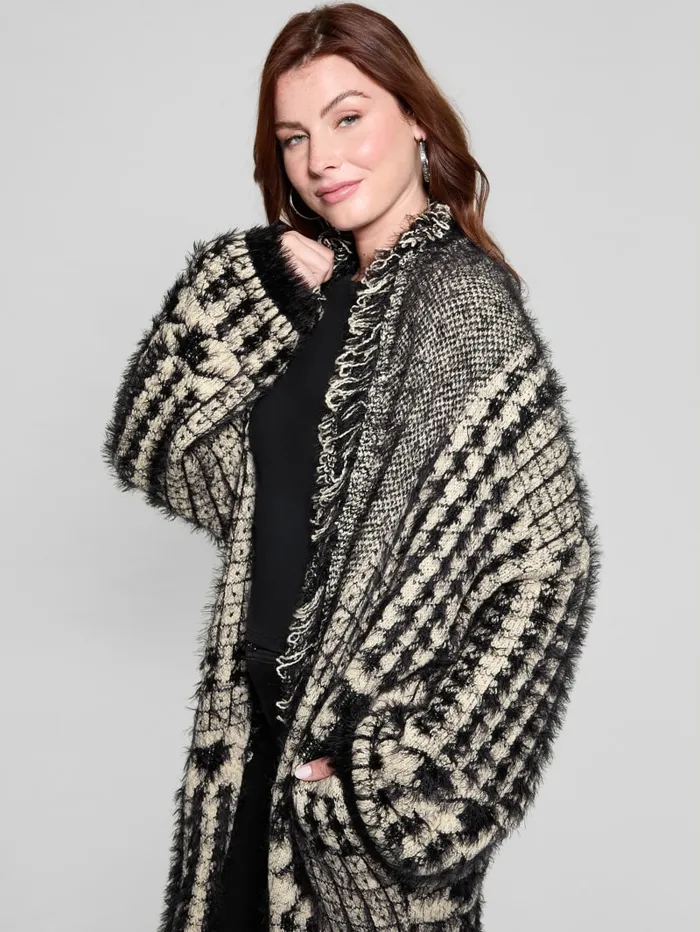 GUESS Sweaters and Knits Lee Fringed and Patchwork Long Cardigan Blue 8211 Women