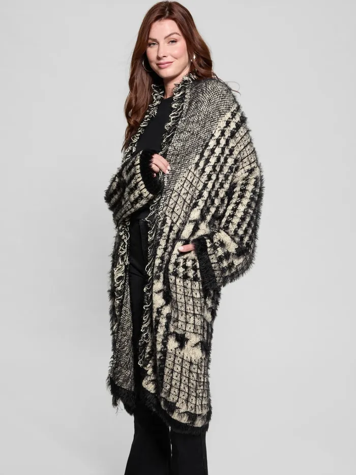 GUESS Sweaters and Knits Lee Fringed and Patchwork Long Cardigan Blue 8211 Women