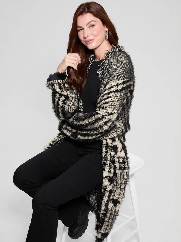 GUESS Sweaters and Knits Lee Fringed and Patchwork Long Cardigan Blue 8211 Women