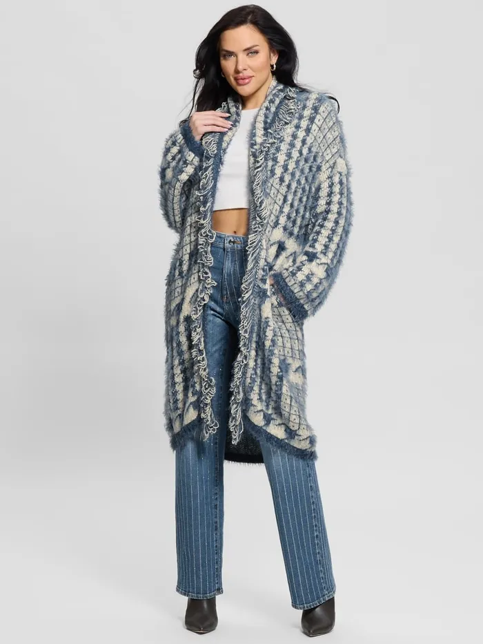 GUESS Sweaters and Knits Lee Fringed and Patchwork Long Cardigan Blue 8211 Women