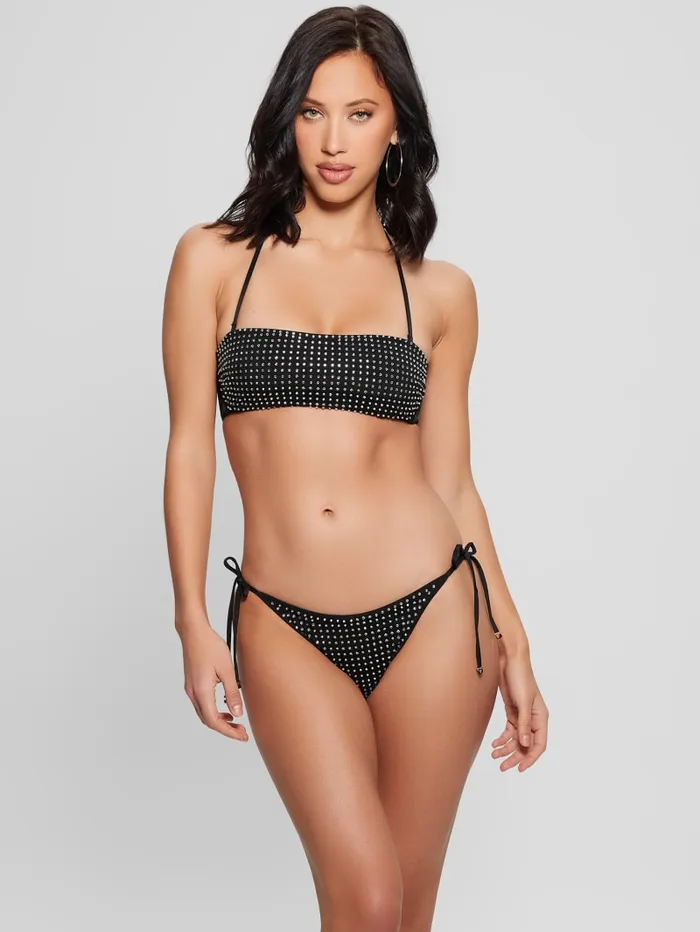 GUESS Swimwear Rhinestone String Bikini Bottoms Black 8211 Women