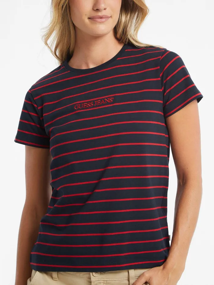 GUESS Tops Classic Embroidered Logo Striped Tee Red 8211 Women