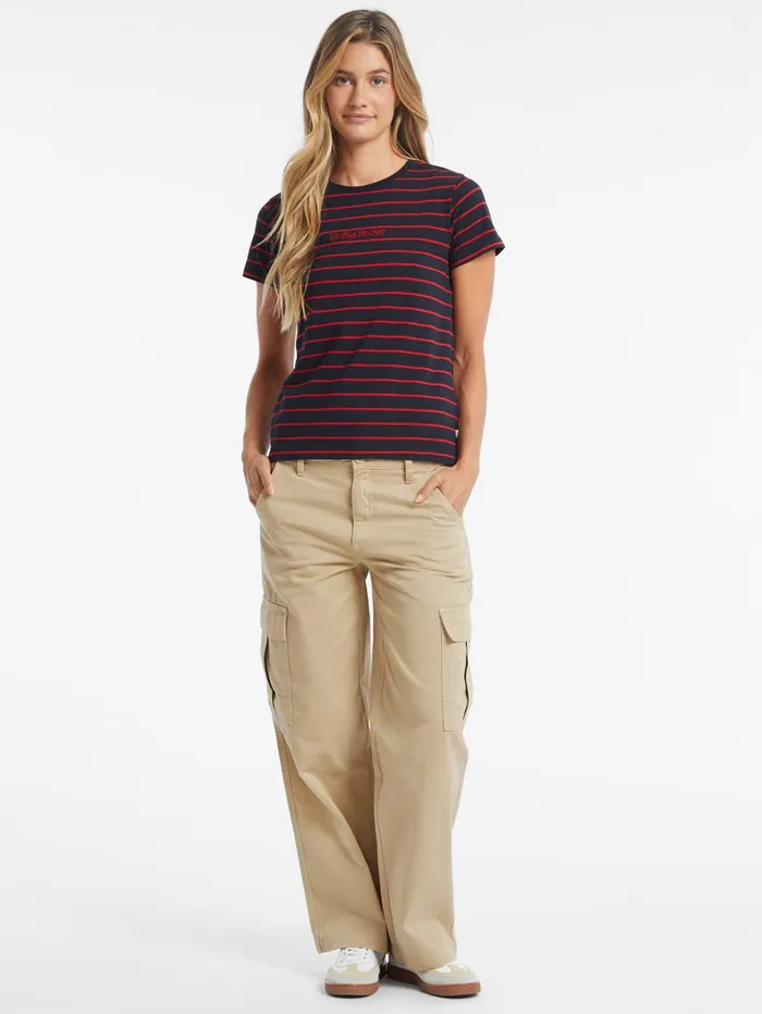 GUESS Tops Classic Embroidered Logo Striped Tee Red 8211 Women