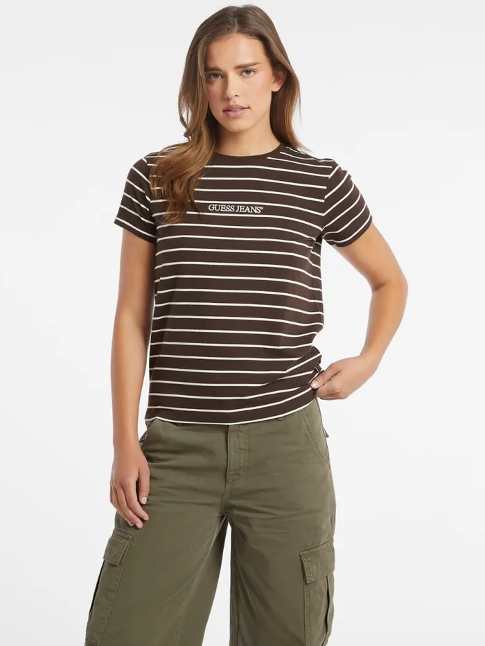 GUESS Tops Classic Embroidered Logo Striped Tee Red 8211 Women