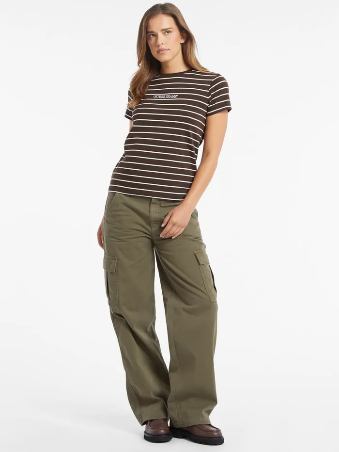 GUESS Tops Classic Embroidered Logo Striped Tee Red 8211 Women