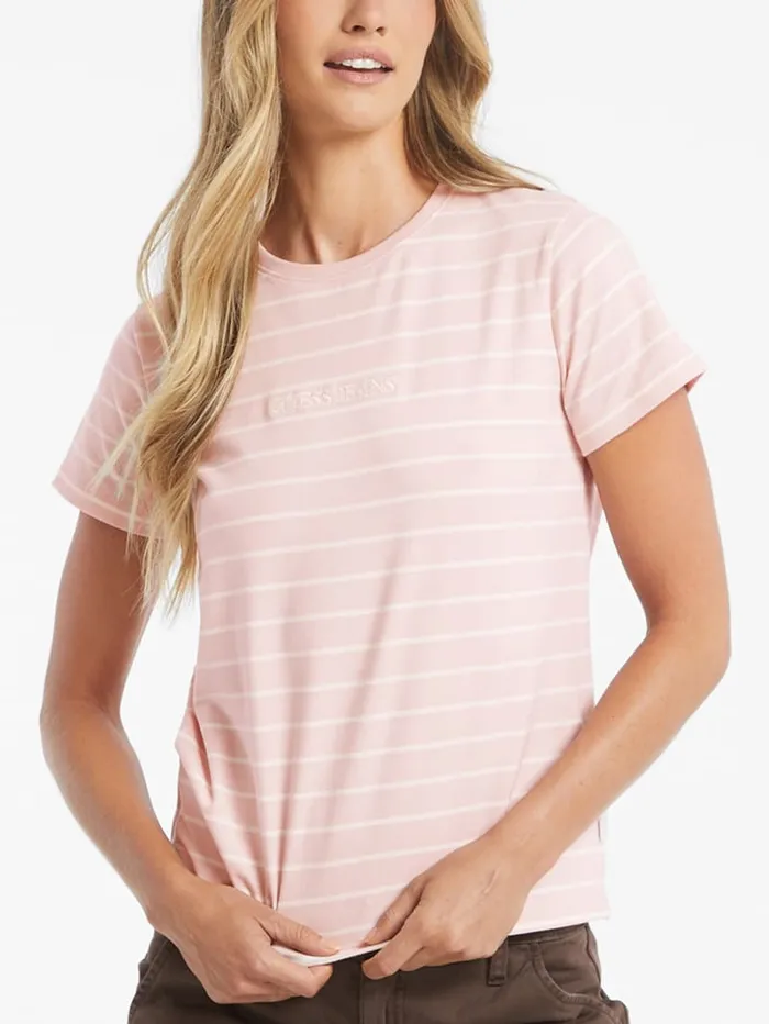 GUESS Tops Classic Embroidered Logo Striped Tee Red 8211 Women