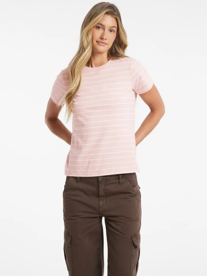 GUESS Tops Classic Embroidered Logo Striped Tee Red 8211 Women