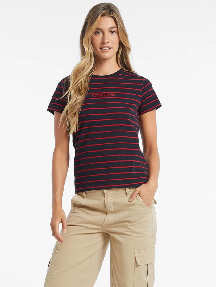 GUESS Tops Classic Embroidered Logo Striped Tee Red 8211 Women