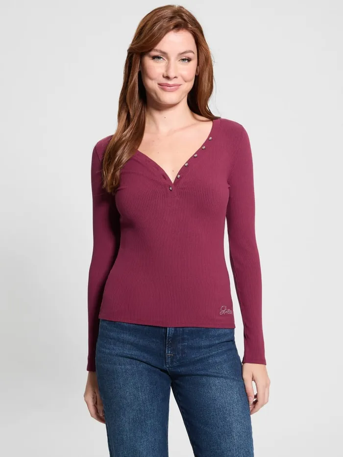 GUESS Tops Eco Kyla Rib Henley Tee Red 8211 Women